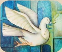 La historia de la "paloma de la paz" tiene sus raíces en la biblia: es una paloma blanca que se posa en el Arca de Noé con una ramita de olivo en su pico, señal de que las aguas del Diluvio Universal habían dado paso nuevamente a la tierra.